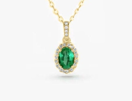 Oval And Round Cut Pendant, 14K Yellow Gold Plated, Green Emerald And Moissanite Pendant, Valentine Day Gift Pendant, Gift For Her
