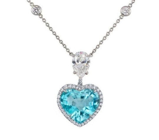Topaz Heart Shape, Blue Topaz and Halo Diamond Heart Shape Pendant Necklace, Gemstone Heart Pendant,Birthstone Heart Pendant,Heart Pendant