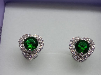 Emerald Heart Stud Earrings, Emerald Earrings, Round Cut Emerald Diamond Stud Earrings, Screwback Emerald Stud, Sterling Silver Emerald Stud