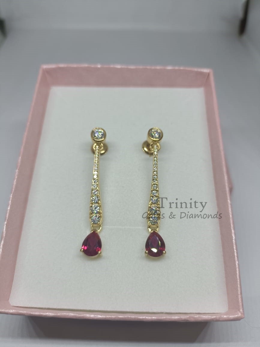 Ruby Moissanite Dangle Drop Earrings, Pear Shape Red Ruby & Moissanite Drop Earrings, 14kt Yellow Gold Plated Gemstone Dangle Drop Earrings