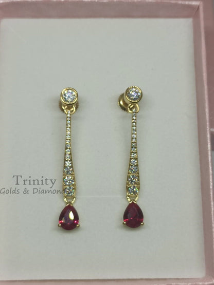 Ruby Moissanite Dangle Drop Earrings, Pear Shape Red Ruby & Moissanite Drop Earrings, 14kt Yellow Gold Plated Gemstone Dangle Drop Earrings