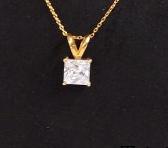 Princess Cut Solitaire Pendant Necklace/ 14k Gold Finish Princess Chain Necklace/ Princess Diamond Chain Necklace/ Dainty Princess Necklace