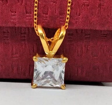 Princess Cut Solitaire Pendant Necklace/ 14k Gold Finish Princess Chain Necklace/ Princess Diamond Chain Necklace/ Dainty Princess Necklace