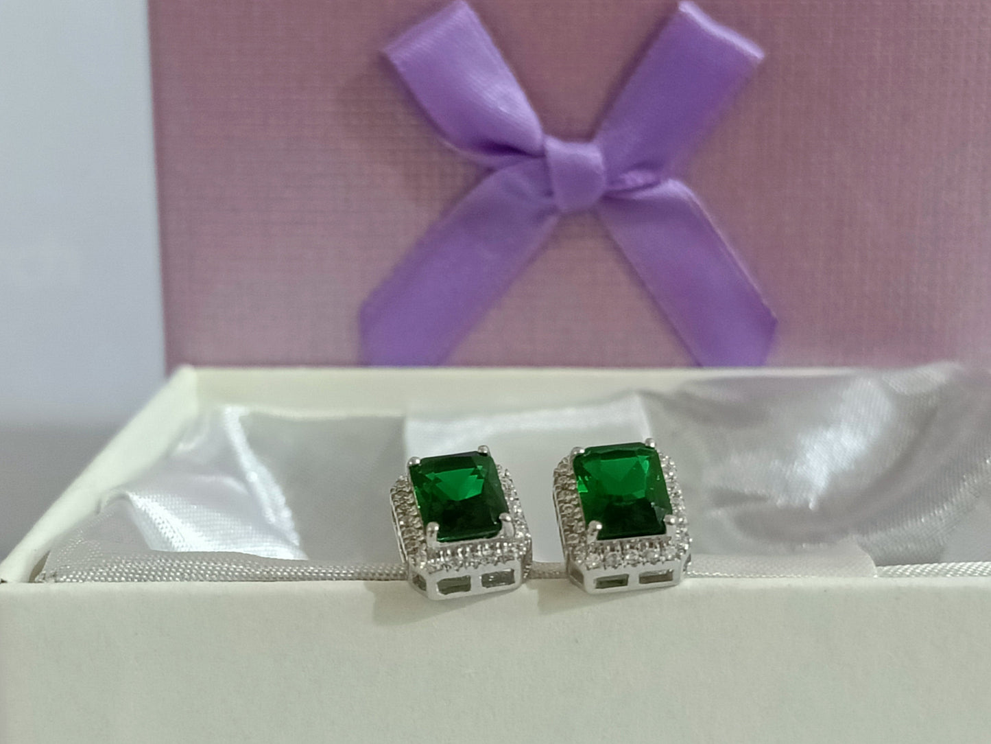 Emerald Halo Diamond Stud Earrings, 3.0Ct Green Emerald Halo Stud Earrings, Emerald Screwback Earrings, Emerald Earrings, Wedding Earrings