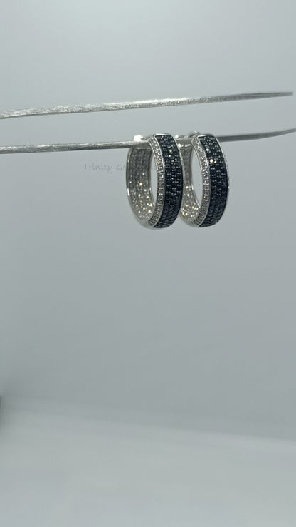 True Elegant ® BLACK Diamond In & Out HOOP EARRINGS For Women, Pave Moissanite White Diamond and Black Hoop Earring, Trendy Art Deco Earring