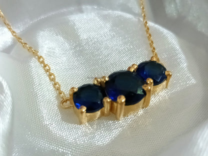 Blue Sapphire Necklace, Blue Sapphire Three Stone Pendant, Sapphire Pendant, September Birthstone Necklace, Bridesmaid Necklace, Gifts